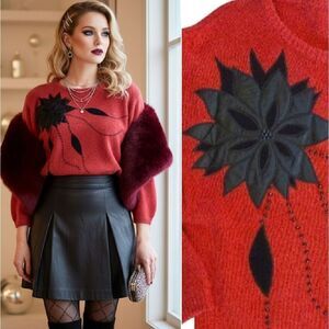 VTG 80s Red Black Floral Silk Beaded Rabbit Hair Lambswool Knit Sweater Large